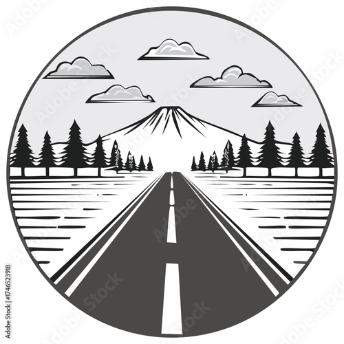 Long straight road leading to majestic mountain peak surrounded by pine trees and clouds