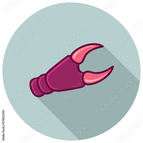 Stylized crustacean claw illustration: digital art of crab or lobster pincer against light blue, round background with long shadow.