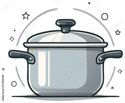 Shiny metal stockpot with lid and handles cartoon vector illustration for cooking
