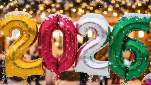 An animation of colorful gold, red, silver, and green foil balloons forming the number 2026. This beautiful and festive video features gently falling snow and a warm bokeh background
