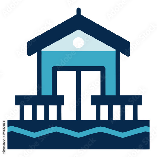 Scalable vector icon illustration of a blue dock building with water waves for marine or nautical themes