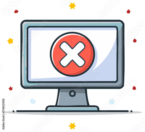 Error message on desktop computer screen with a big red cross inside circle with colorful decoration elements around