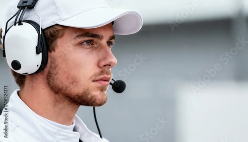 A race engineer wearing a white uniform and communication headset, focused while monitoring the driver and car performance on the pit wall with copy space.