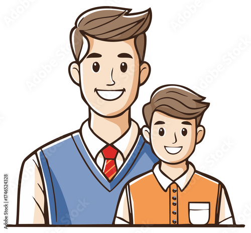 Happy cartoon father and son smiling together, joyful family illustration