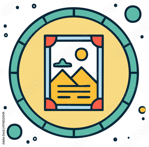 Stylized graphic icon of a framed landscape artwork with mountains and sun