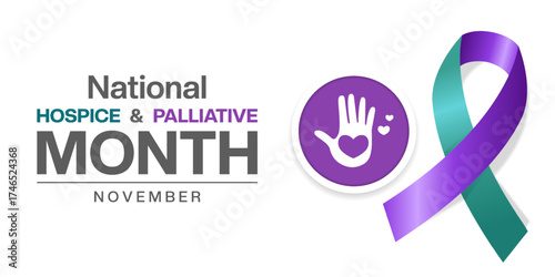 November Is National Hospice and Palliative Month. Ribbon, heart and hand. Suitable for posters, banners and social media. White background.