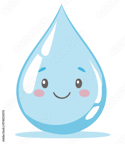 Adorable animated water droplet with cheerful face and rosy cheeks, smiling happily.