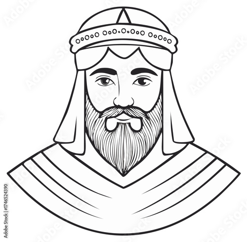Monochrome Graphic Illustration of a Royal Figure with Crown, Beard and Royal Vestment