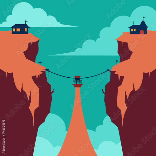 Fantasy canyon landscape with rope bridges connecting rocky outcrops and tiny villas