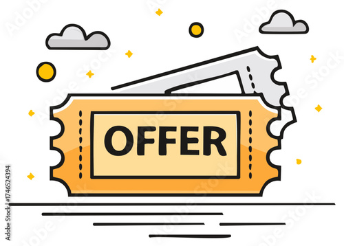 Bright offer ticket graphic with stars and clouds in a simple illustration style