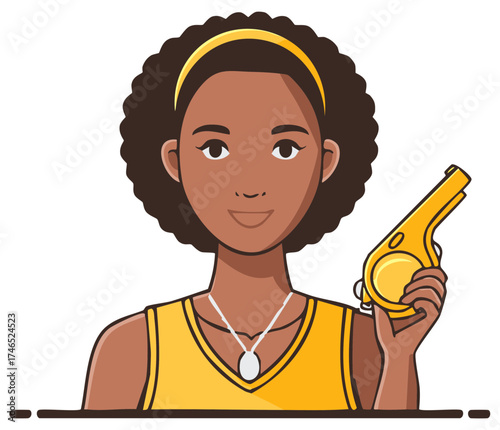 Smiling African American woman holding a yellow whistle ready to coach or officiate sports