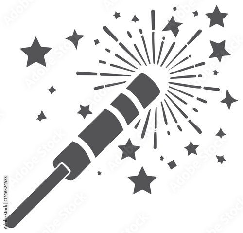 Vector graphics of a magic wand with emanating starlight and burst symbols for decorative designs