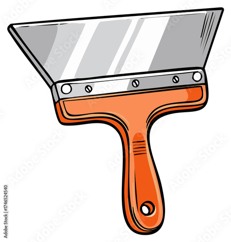 Illustration of a painter's putty knife with an orange handle, designed for scraping and spreading.