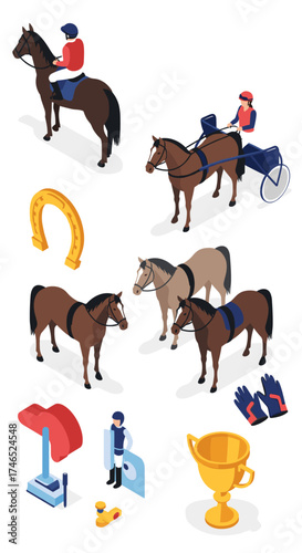 Equine sports and competition elements illustrated in isometric style.
