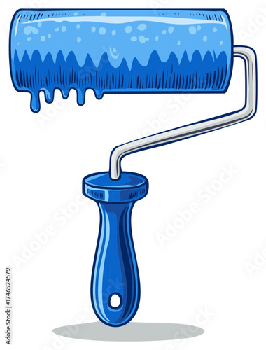 Illustration of a blue paint roller with dripping paint and a shiny silver handle creating artistic patterns for renovation