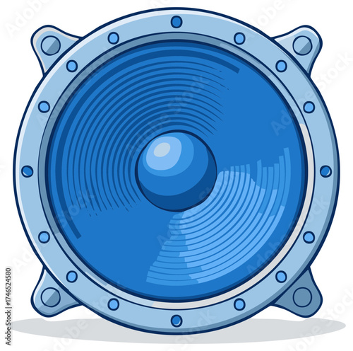 Cartoon illustration of a blue audio speaker woofer with a sound wave graphic.