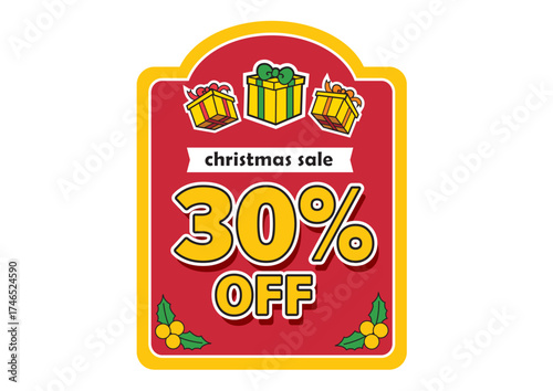 Festive Christmas sale banner displaying 30 percent off with gift boxes and holly decorations. Holiday concept