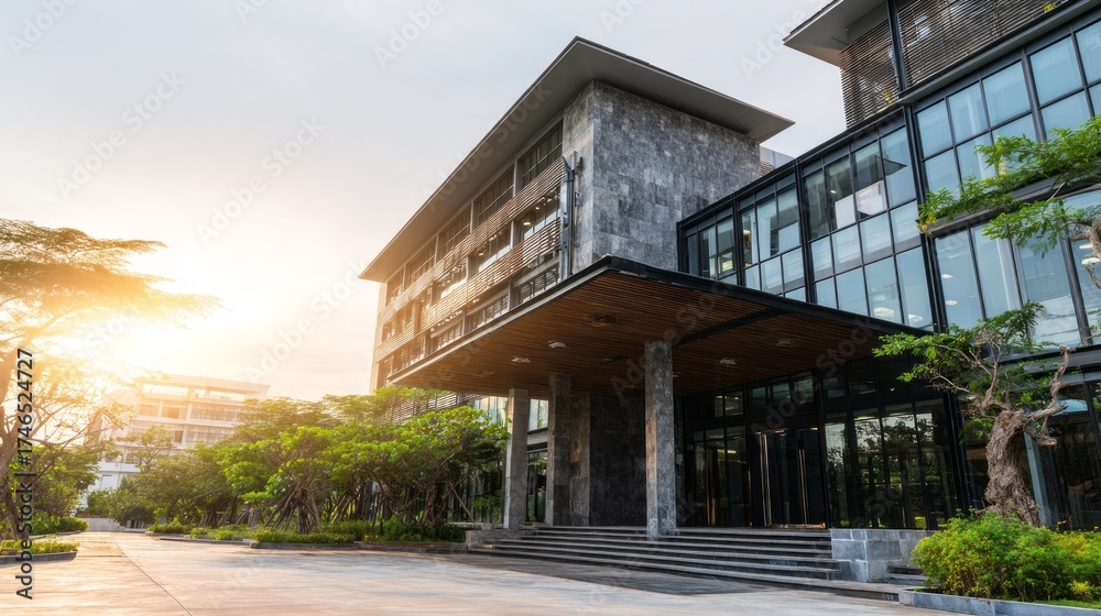 custom made wallpaper toronto digitalModern industrial building exterior showcasing sleek design amidst lush greenery at sunset
