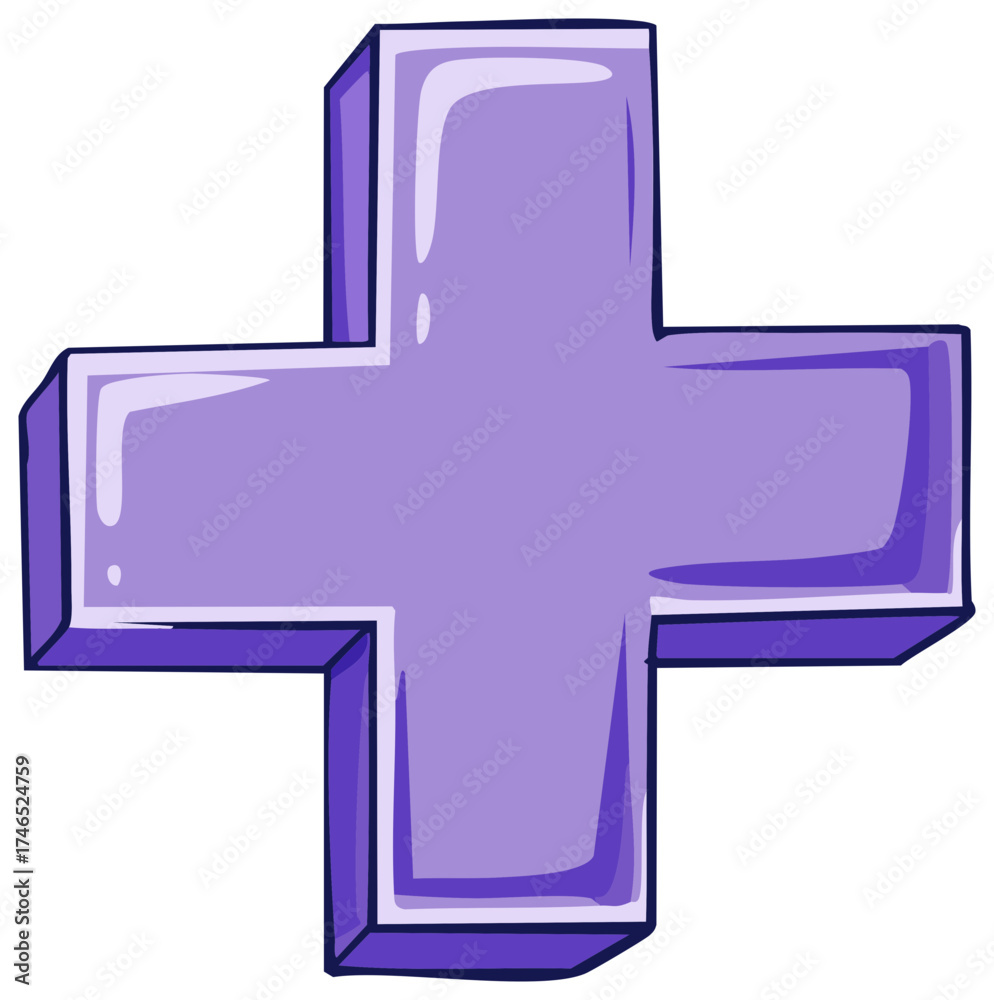 Fototapeta premium A 3D cartoon plus sign in a vibrant shade of purple with a subtle sheen
