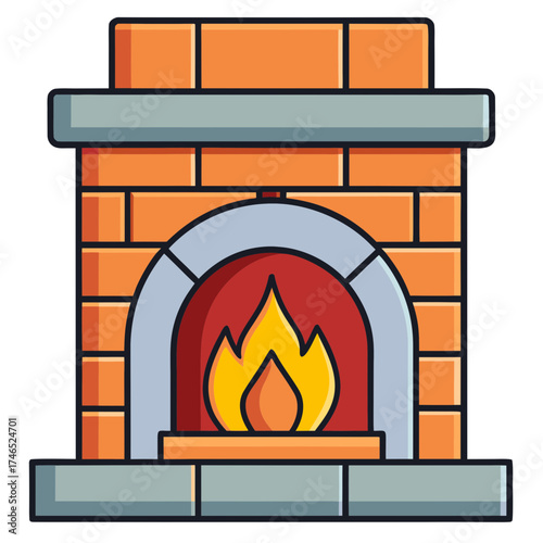 Cozy brick fireplace illustration with warm glowing flames vector graphic for winter and home decor