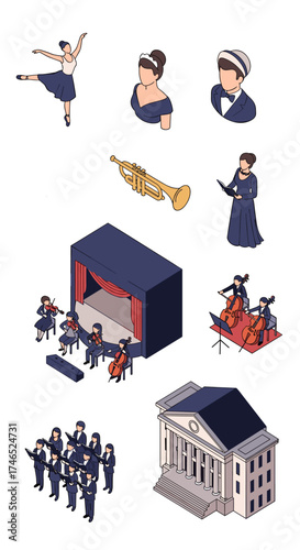 A collection of performing arts and cultural icons representing music and theater.