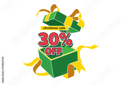 Open Christmas gift box displaying a 30 percent off sale promotion with festive ribbons. Holiday concept