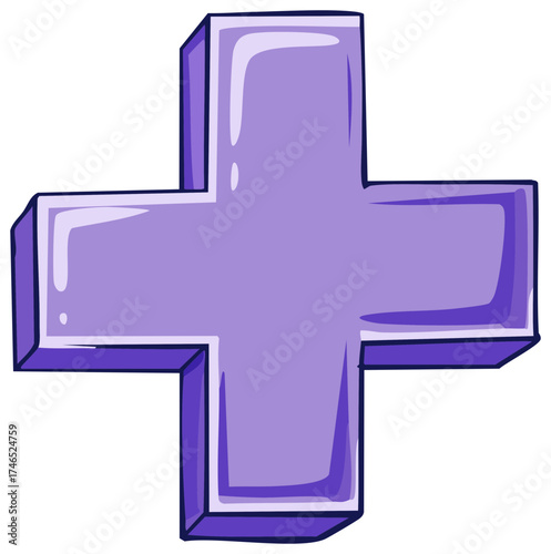 A 3D cartoon plus sign in a vibrant shade of purple with a subtle sheen