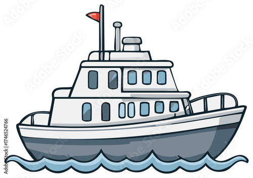 Cartoon Motorboat Cruising Calm Ocean Waters with Red Flag Isolated