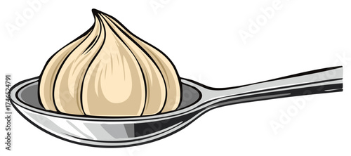 Illustration of a whole garlic bulb inside a silver spoon used in culinary dishes and traditional folk remedies.
