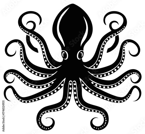 Stylized Black Octopus with White Spots on Tentacles for Nautical Design