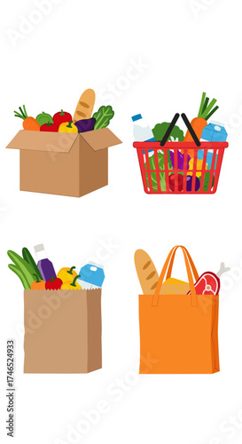A collection of shopping bags filled with fresh groceries and food items.