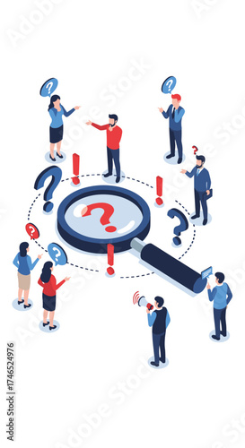Analyzing a complex problem with a team using a magnifying glass and question marks.