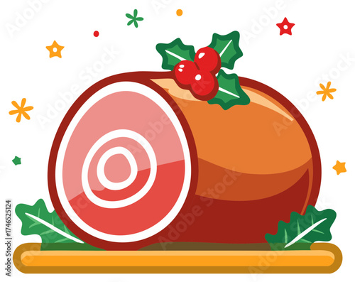 Festive Christmas Dinner Roast with Holly and Stars Decorative Elements