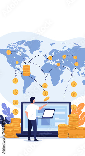 Global financial transactions and economic exchange facilitated by technology.