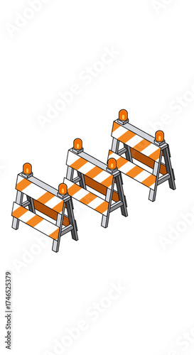 Orange and white construction barriers with flashing lights on white background.