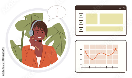 Customer service agent wearing a headset, speech bubble indicating engagement, checklist and graph representing organization and progress. Ideal for support, communication, planning, data, analytics