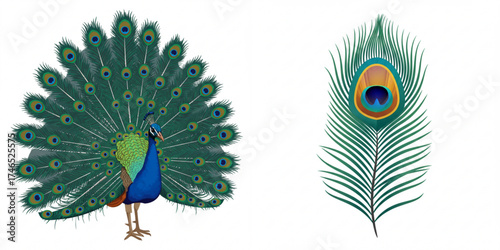 Colorful peacock displaying feathers with decorative peacock feather , set