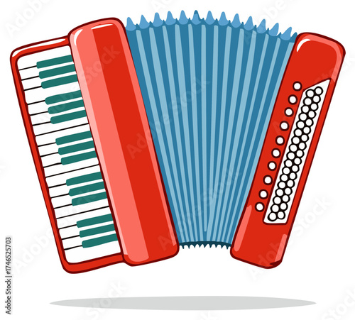 Illustration of a red and blue accordion with white keyboard keys, musical instrument.