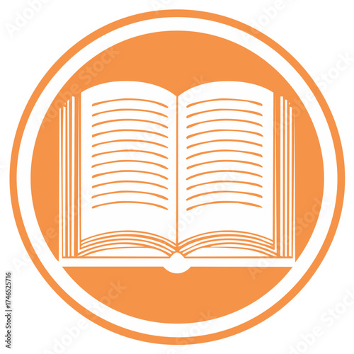 Iconic open book illustration, orange circle emblem, literary design element, reading symbol