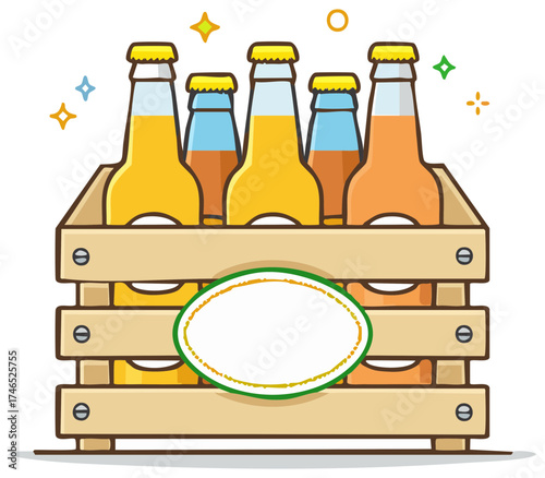 Wooden crate full of assorted beer bottles with colorful sparkles