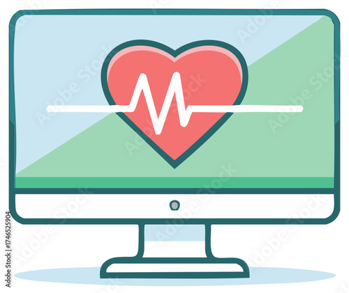 Computer Monitor Displaying Heartbeat Cardiology Graphic With Health Concept
