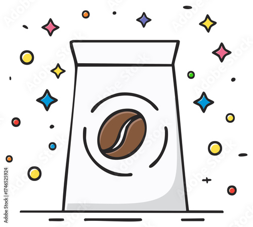 Coffee bean in paper bag illustration with sparkles