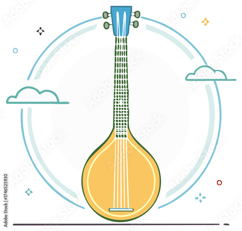 Vector illustration of a mandolin lute musical instrument with abstract clouds and stars
