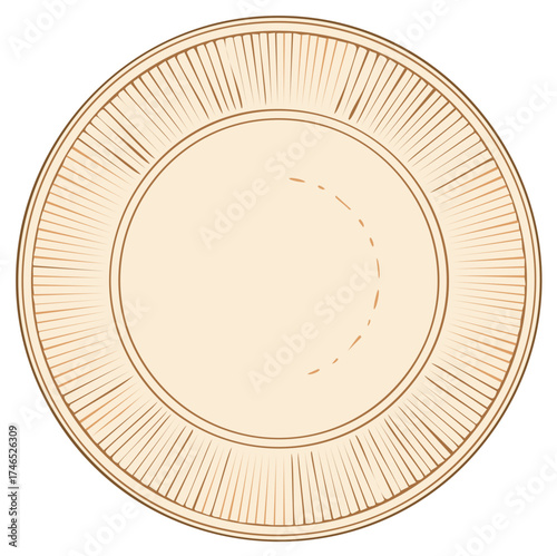 Minimalist vector illustration of a cream colored round dinner plate with fluted edges