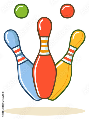 Whimsical bowling pins and balls arranged in a playful circus juggling act