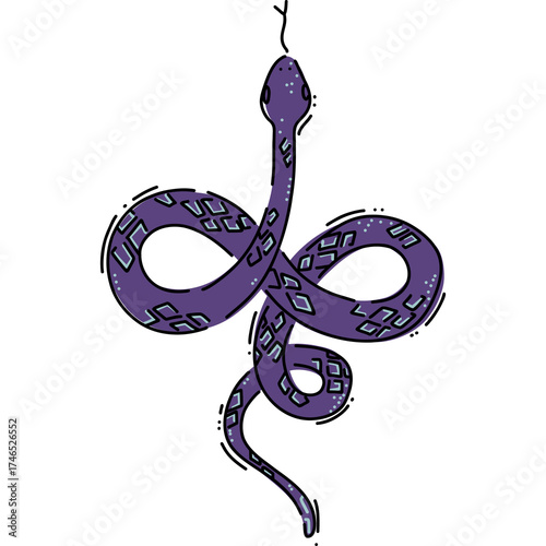 This is an artistic handdrawn illustration showcasing a purple snake