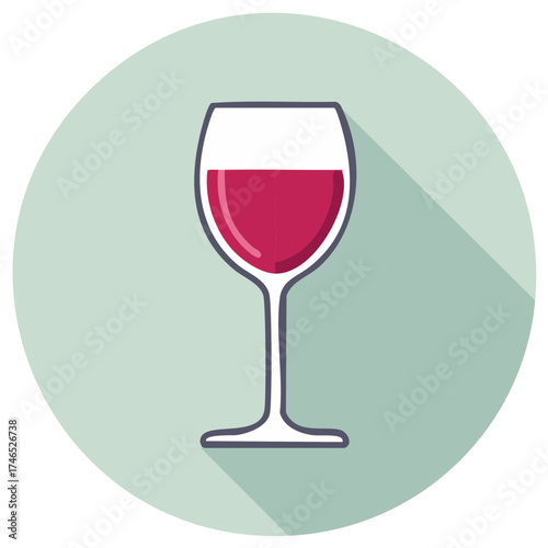 Flat design illustration of a glass of red wine with a long shadow against a pale mint background