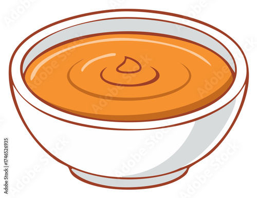 Bowl of orange soup, broth or sauce, cartoon illustration