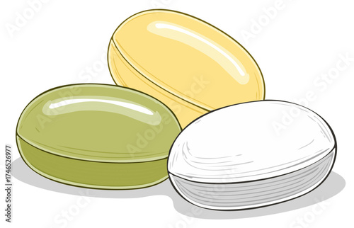 Assorted Gel Capsules Illustration, Dietary Supplements in Yellow Green and White Colors