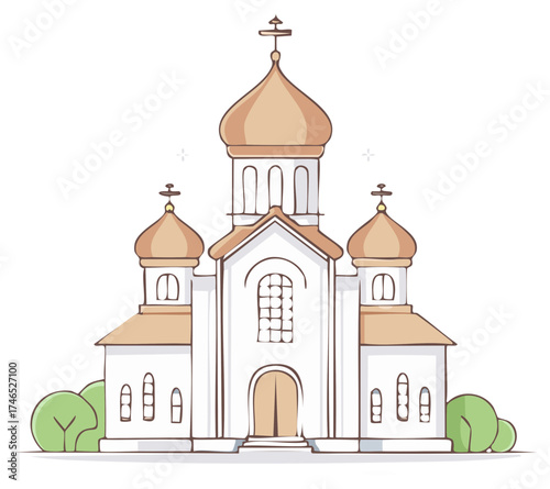 Cartoon illustration of an Eastern Orthodox church with onion domes